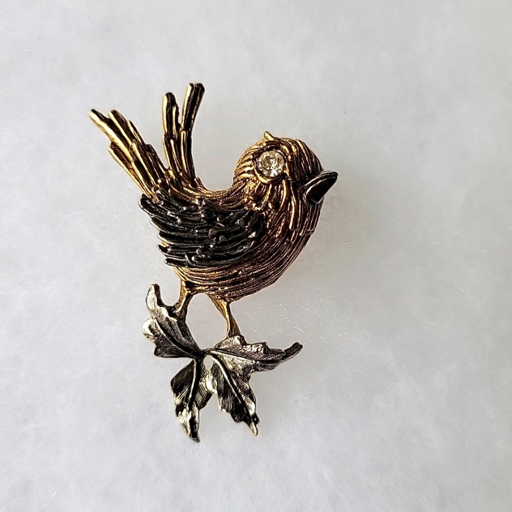 Art Gold and Silver Tone Bird Brooch Pin